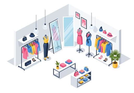 An isometric boutique interior featuring clothing racks mannequins shelves and merchandise displays