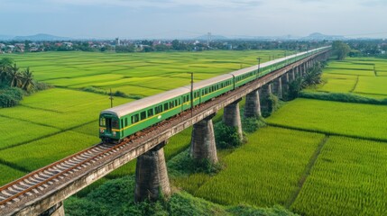 Fototapeta premium Green Train Crossing a Picturesque Rural Railway Bridge