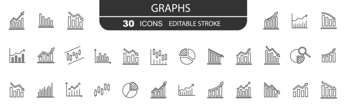 Graphs set  icons . Business infographic, growth, charts, statistics,  growing bar graph. Charts and diagram icons for web and mobile app. Vector illustration