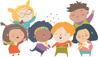Obraz premium PrintCute Multiethnic Group Of Happy Kids Celebrating Friendship Together Featuring Adorable Cheerful Diverse Children Cartoon Vector Illustration