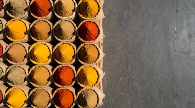 Colorful assortment of aromatic spices in sacks at a market