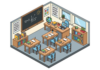 An isometric view of a cartoon classroom featuring a blackboard desks bookshelves and a teachers station © junkie vector