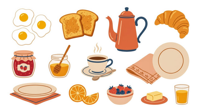 Breakfast food set hand drawn illustration eggs toast coffee croissant jam honey orange juice morning meal flat clipart collection
