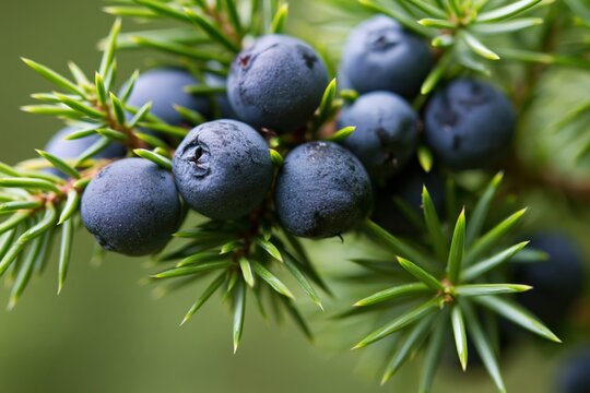 The Blue Juniper Berries on Green Needle Branches in Natural Light