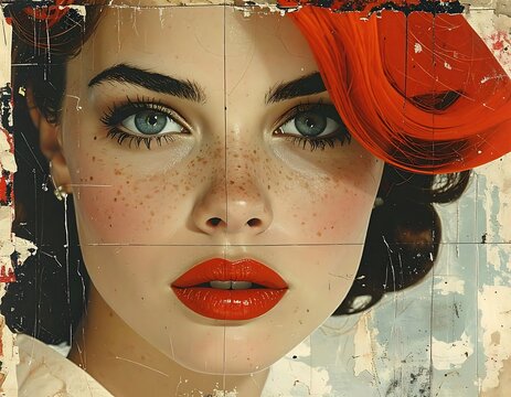 A woman's face with red lips, blue eyes, and a red fascinator