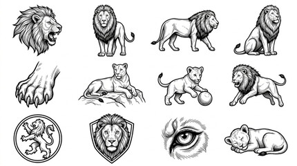 Collection of Lion Illustrations in Various Poses and Styles. © kadal