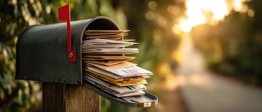 A full mailbox sits on a wooden post beside a road in the golden hour light