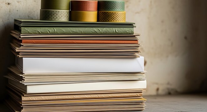 Stack of Notebooks and Washi Tape on Rustic Surface