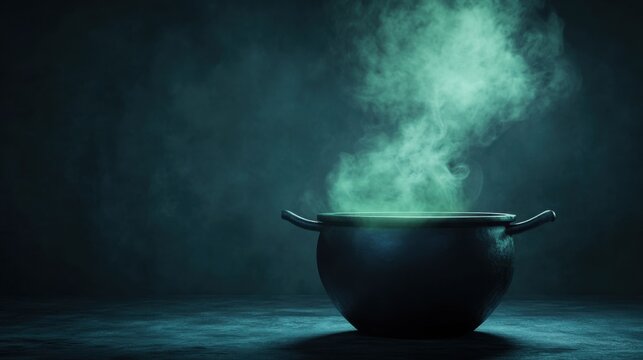 Cauldron with green smoke rising, fantasy magic brewing