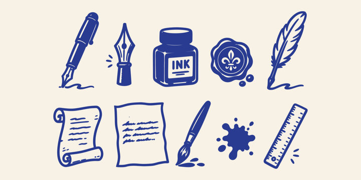 Vintage writing tools and retro stationery doodle icon set with fountain pen inkwell scroll feather quill and wax seal vector illustration