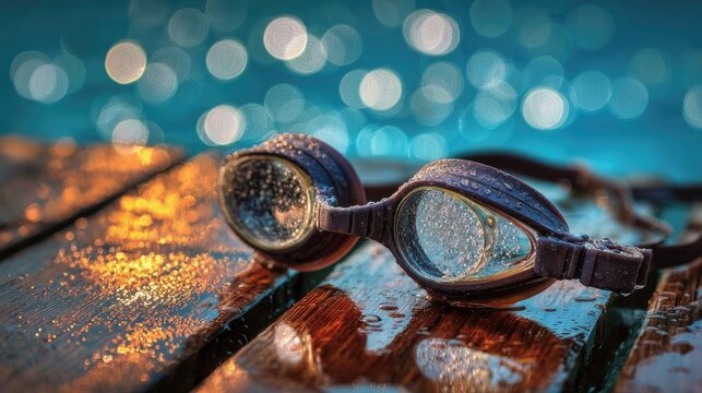 Wet goggles on weathered wood, reflecting light from a shimmering pool