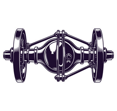 Detailed illustration of a wheel axle assembly with wheels and bearings