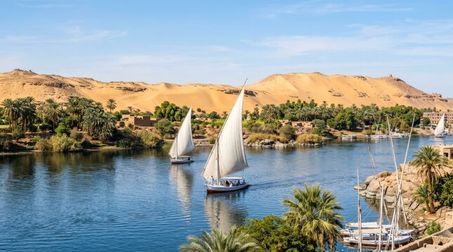 Feluccas Sail on the Nile River Amidst Desert Landscape and Lush Vegetation