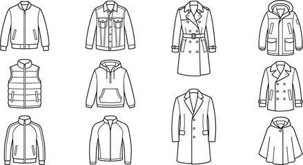 Outerwear fashion line art vector collection set featuring jacket technical flat sketches including bomber denim trench coat parka puffer vest hoodie and peacoat isolated on white background © MeheDi