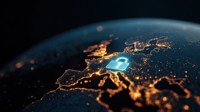Glowing lock symbol superimposed on illuminated Earth, representing digital security