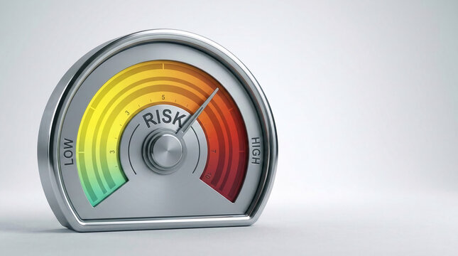 Metallic risk meter with colorful gauge showing low to high levels, symbolizing assessment, danger, and measurement, ideal for business or finance.