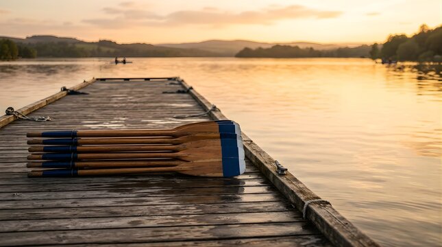 Rowing oars lying on a wooden pier by the lake at golden sunset