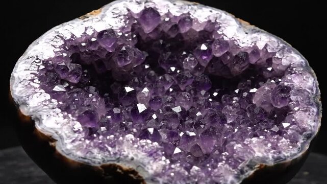 Close up of an amethyst geode with sparkling purple crystals and natural rock formation