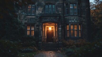 Fototapeta premium Creepy old gothic mansion with flickering light at entrance