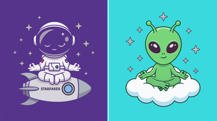 Obraz premium Cute Chibi Astronaut Meditating on Rocket Vector Illustration Commercial Use
