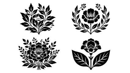 Fototapeta premium Set of black floral folk style decorative botanical elements