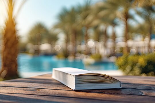 Open book rests on wooden surface with blurred tropical poolside background