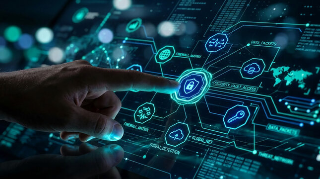 Finger interacting with glowing digital interface showing cybersecurity data, network analysis, and threat detection, symbolizing digital security and advanced technology