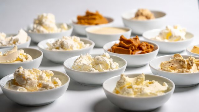 Collection of white bowls filled with various dairy products on white surface.