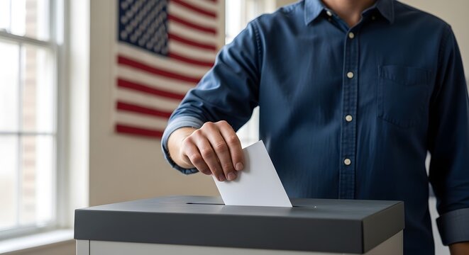 Man in blue shirt inserting a white paper ballot into a dark grey plastic box