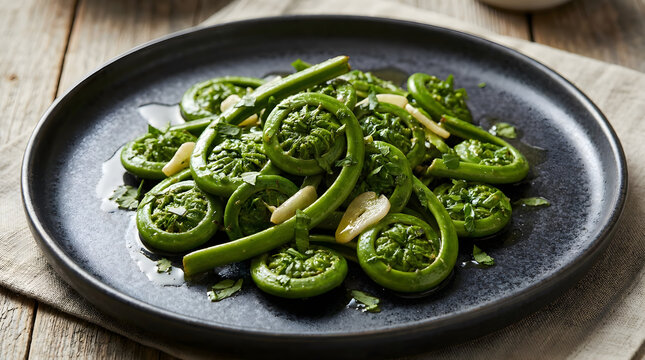Delicious fiddlehead ferns on a plate, ready to eat.