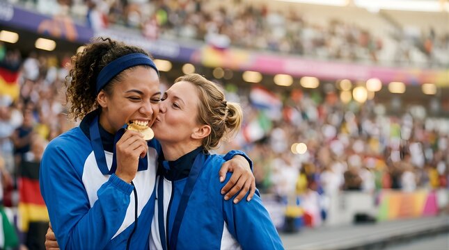 Two female athletes celebrating with gold medal at stadium after winning