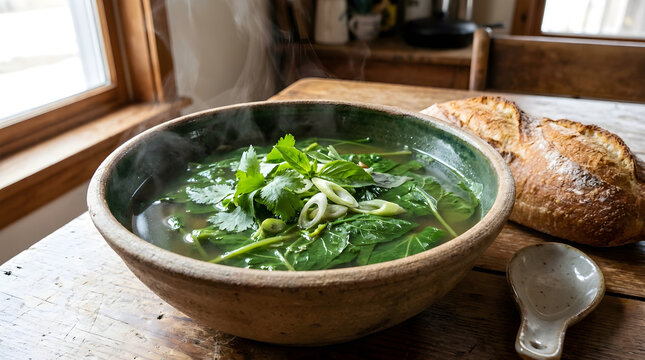 A bowl of spinach soup with bread on a rustic wooden table by the window.