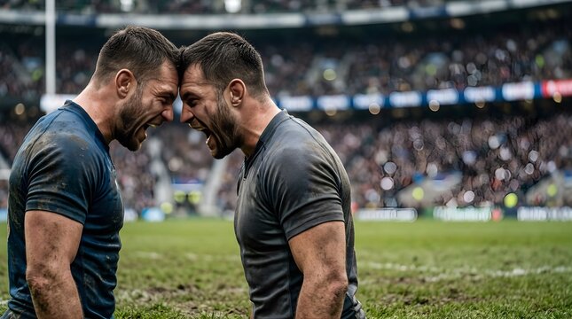 Two intense rugby players face each other shouting on a field at stadium