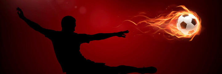 Naklejka premium Soccer player kicking a flaming ball on red background