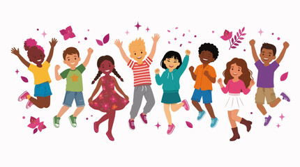 Fototapeta premium Diverse Children Jumping Celebration Flat Vector Illustration For Commercial Use