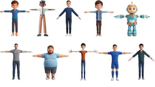 Diverse set of 3D male character models in T-pose on white background