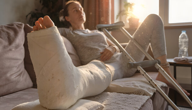 A woman with a broken leg in a plaster cast resting on a couch with crutches nearby in a sunlit living room, concept of physical injury, bone fracture recovery, and rehabilitation