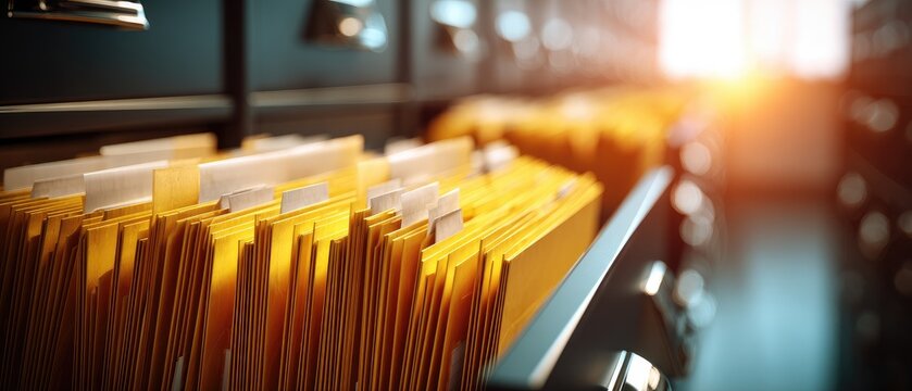 Organized files in a cabinet drawer bathed in warm sunlight from the back