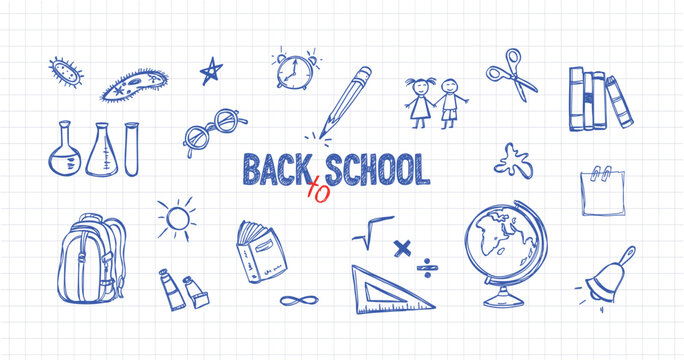 Back to school vector doodles set on checkered notebook paper background. Blue ballpoint pen sketch hand drawn school supplies icons