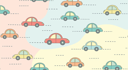 Obraz premium Playful pattern featuring various colorful cartoon cars driving along dashed road lines on a background with soft pastel shapes.
