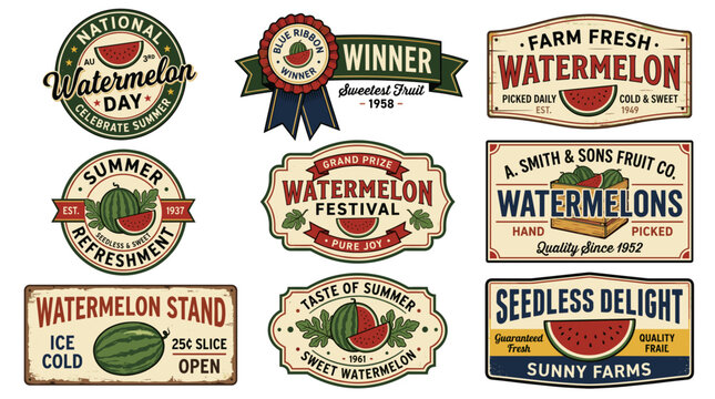 Retro watermelon badges and farm fresh fruit festival signs