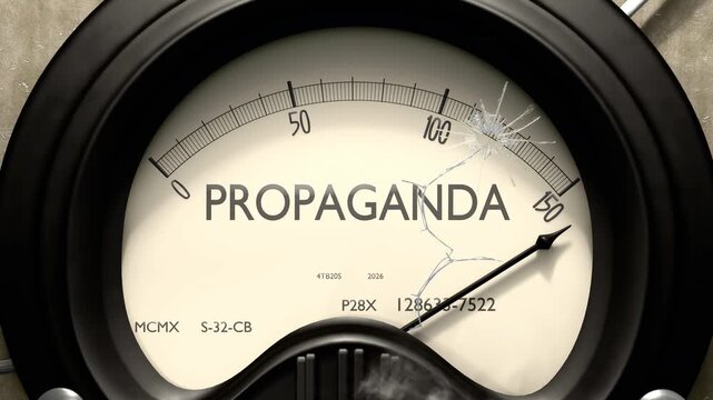 Propaganda meter showing big levels of propaganda. Dangerously increasing high values of propaganda, critical overload. Too much, off the charts. Max propaganda