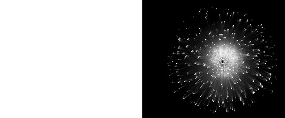Abstract fiber optic light burst on black background, glowing white optical cables with bokeh effect, futuristic data transmission concept © Graphix Hub