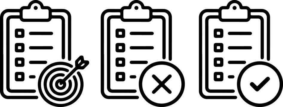 Clipboard checklist line icon set with target goal, wrong cross mark, and correct approved check.