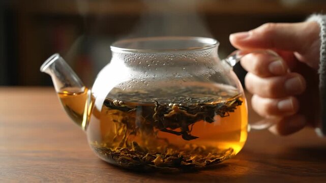 Close-up of tea brewing in a glass teapot, the tea brewing process in a transparent teapot