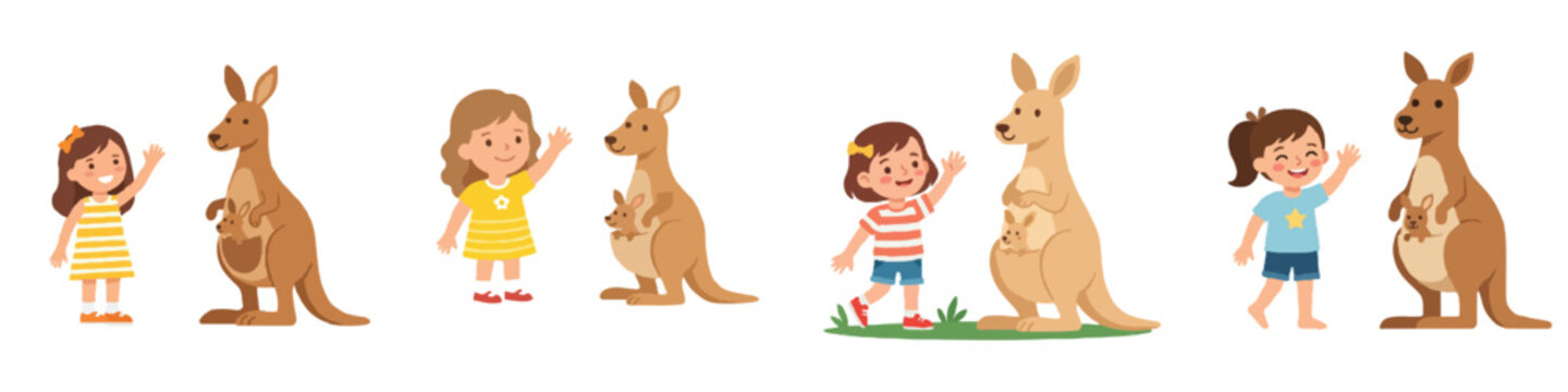 A young girl cheerfully waving at a kangaroo with a joey in its pouch, flat design, minimalist, no outlines, clean vector illustration, distinct facial features, solid white background.
