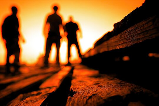 Silhouetted figures stand against a vibrant sunset over rough, textured wooden planks