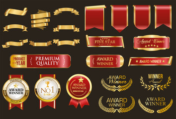 Fototapeta na wymiar Award Winners gold and red medal logo white emblems, premium quality badges and laurels collection stock illustration 