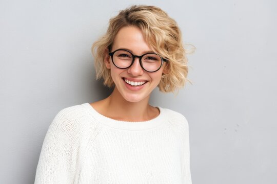 The Woman in Glasses Bright Smile Studio Portrait in White Knit Sweater