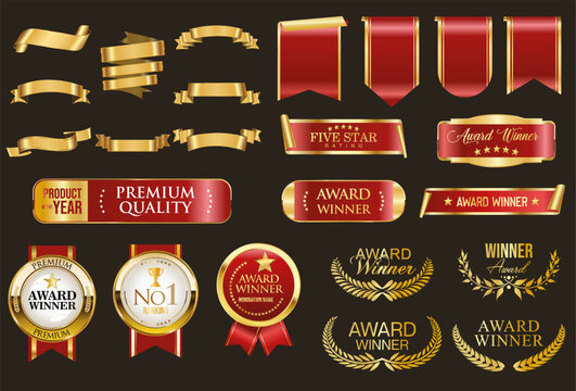 Award Winners gold and red medal logo white emblems, premium quality badges and laurels collection stock illustration 